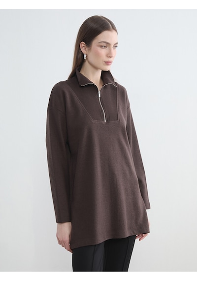 Lcw Modest Kahverengi Dik Yaka Kadın Sweatshirt Tunik