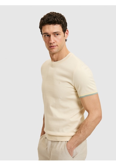 Ekru Slim Fit %100 Pamuk Bisiklet Yaka Triko T-shirt Bej