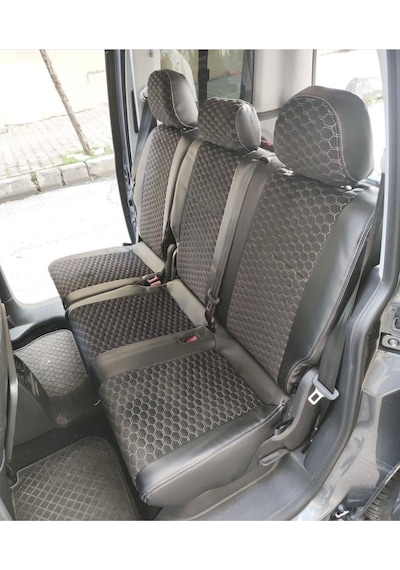 Volkswogen Caddy 2015 2020 Arası Uyumlu Siyah Zemin Beyaz Nakışlı Taytüyü Siyah Deri Karışımı