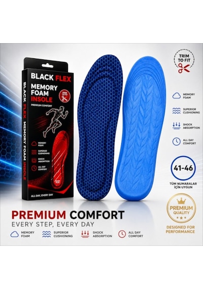 Perfect Fit Ark Destekli Mavi Petek Erkek Memory Foam Darbe Emici Hafızalı İç Tabanlık 41-46 Numaraya Göre Kolay Kesilebilir