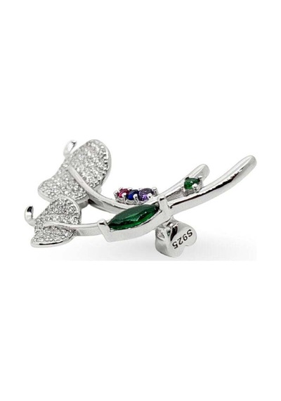 Oya Silver Zirkon Taşlı Dal Yaprağı Gümüş Broş 3.1x1.9cm Oya-brs-yprk-008