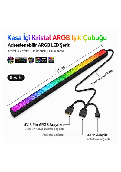 Kasa İçi Kristal Argb Işık Çubuğu Siyah