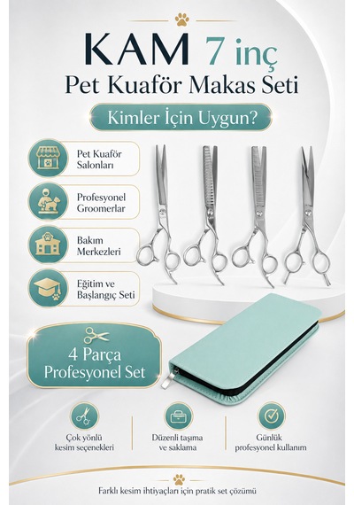 Kam 7 İnç Pet Kuaförlüğü İçin Başlangıç Köpek Tıraş Makas Seti 4 Parça