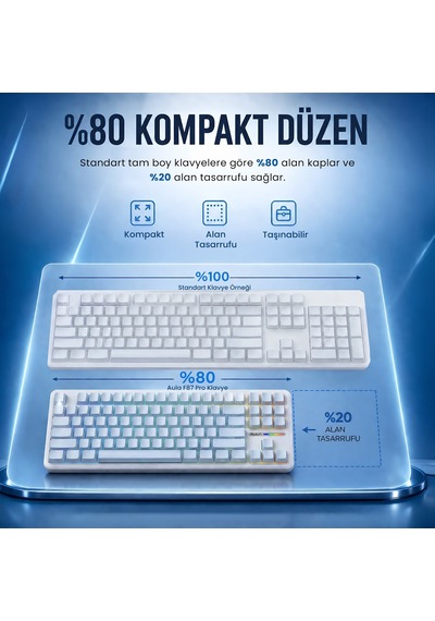 Aula F87 Pro Mekanik Rgb Tkl Graywood V4 Switch Kablosuz Makrolu Hot Swap Klavye Gradyan Mavi