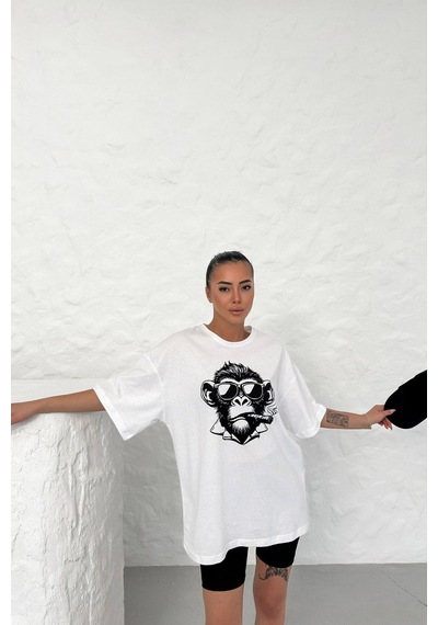 Technomonkey Unisex Beyaz Oversize Techno Maymun Baskılı Tişört