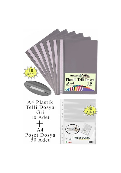 Telli Dosya Plastik A4 10 Lu Ve Poşet Dosya 50 Li 1 Paket Ekonomik Kaliteli Şeffaf Kapak Telli Dosya Okul Büro Ofis Gri