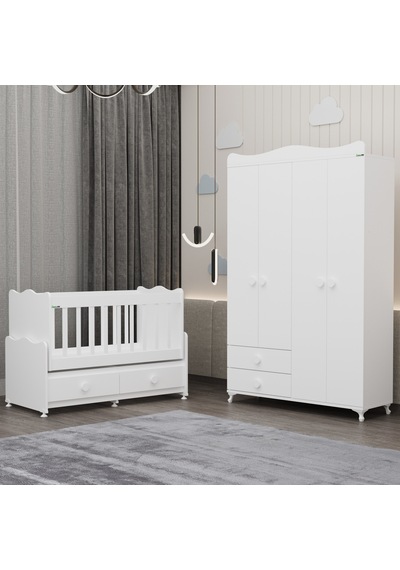 Elegant Beşik Ve Yıldız 4 Kapaklı Dolap - Beyaz Beyaz