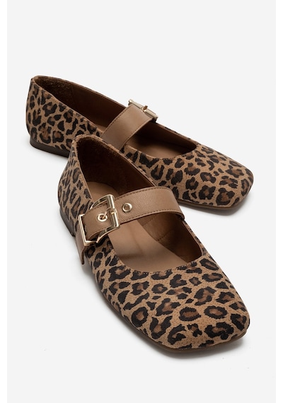 Luvi Shoes Jonas Siyah Sarı Desenli Hakiki Deri Kemerli Kadın Babet Ayakkabı Leopar