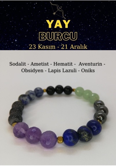 Yay Burcu Bilekliği Ametist, Obsidyen, Hematit, Aventurin, Sodalit, Lapis Lazuli, Oniks Çok Renkli