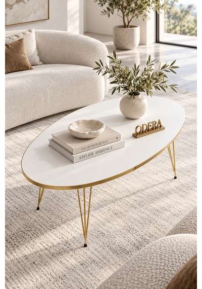 Odera Beyaz Oval Orta Sehpa Ve Yuvarlak Zigon Sehpa 4'lü Set Metal Ayaklı Retro Modern Salon Sehpası Beyaz - Altın