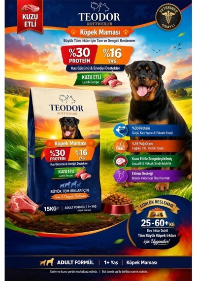 Teodor Kuzu Etli Büyük Irk Yetişkin Köpekler İçin 15 Kg %30 Protein %16 Yağ İçeren Köpek Maması