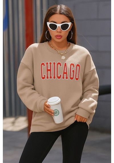 Benroma 3 İplik Penye Chıcago Baskılı Unisex Sweatshırt Bej