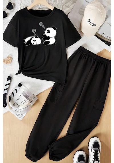Uyguntarz Çocuk Sleep Panda Alt - Üst Eşofman Takımı Siyah