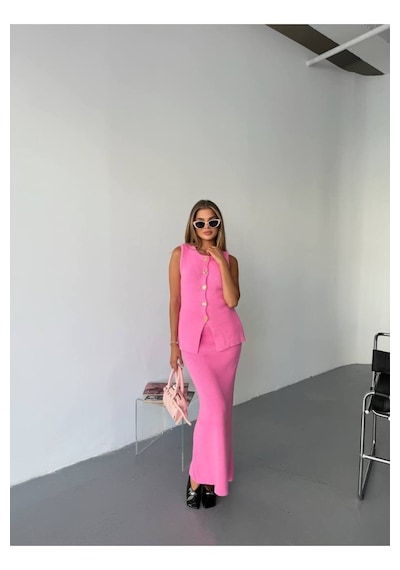 Kechi Woman Gold Aksesuarlı Etekli Triko Takım Pembe