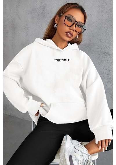 Uyguntarz Unisex Butterfly Sırt Baskılı Sweatshirt beyaz