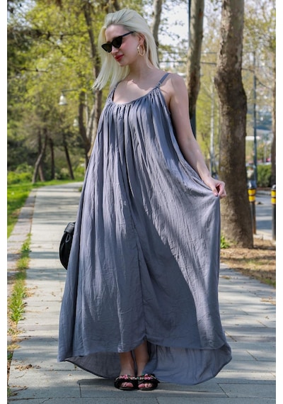 Madmext Gri Halter Yaka Askılı Uzun Basic Kadın Elbise Mg2163 Gri