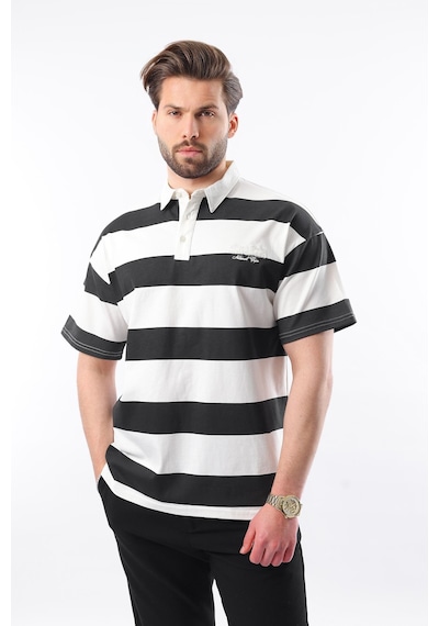 Madmext Siyah Oversize Renk Bloklu Polo Yaka Tişört E7120 Siyah