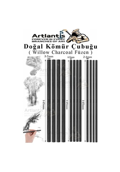 Kömür Çubukları Doğal Füzen 12 Li 1 Paket Eskiz Karakalem Çizim Gölgeleme Kömürü Siyah Willow Charcoal Hobi S
