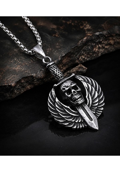 Paslanmaz Çelik Box Zincirli Gotik Tarz Darts Wings Kurukafa Kolye Gümüş