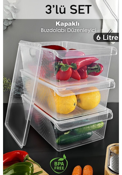 3 Adet Kapaklı Dolap İçi Buzdolabı Düzenleyici - Meyve Sebze Saklama Kabı Buzdolabı Organizer 6 Lt Şeffaf