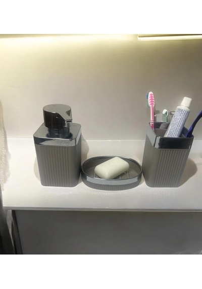 Tr Banyo Aksesuar Seti 3'lü, Gri Çizgili Desen, Krom Detay Genel