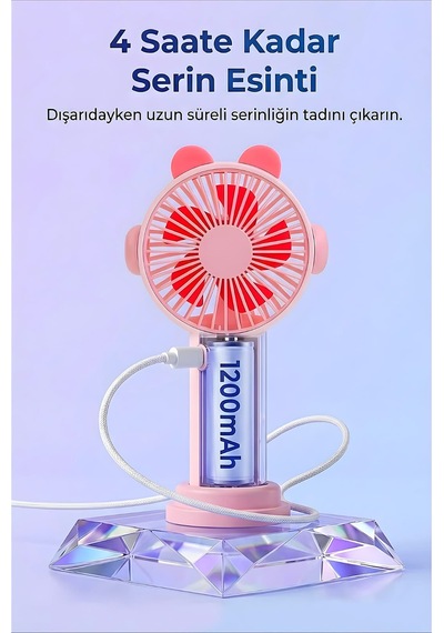 Şarjlı Taşınabilir Sevimli Kulak Tasarımlı Mini Fan 3 Kademeli Hız Telefon Standlı Vantilatör Pembe