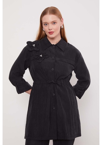 Lale Butik Çiçek Detay Gömlek Pantolon Takım 100796 Siyah