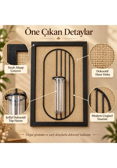 Siyah Ahşap Çerçeveli Hasır Zeminli Metal Detaylı Tüp Vazolu Dekoratif Duvar Tablosu - 21x30 Cm Çok Renkli Siyah Ahşap Çerçeveli Hasır Zeminli Metal Detaylı Tüp Vazolu Dekoratif Duvar Tablosu - 21x30 Cm Çok Renkli
