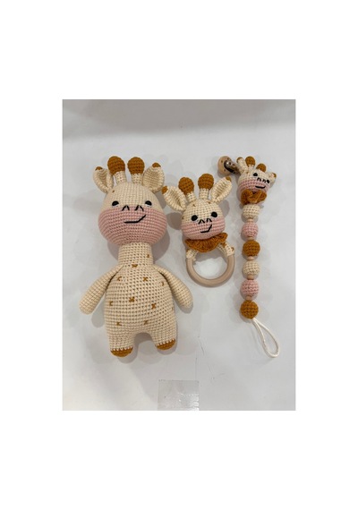 El Örgüsü Zürafa Set Amigurumi + Çıngıraklı Diş Kaşıyıcı + Emzik Zinciri Pembe