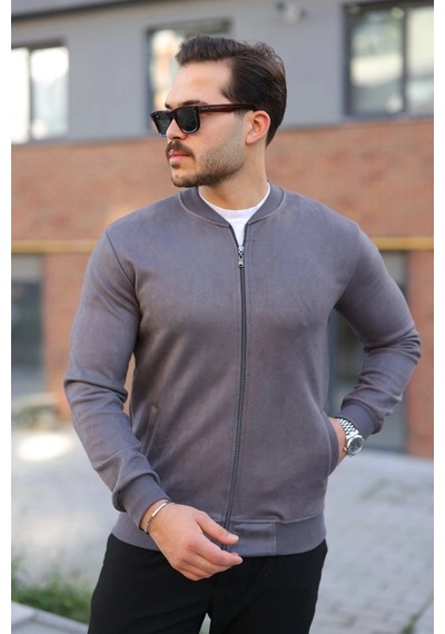 Valensdesign Erkek Scuba Süet Kumaş Bomber Hırka Antrasit