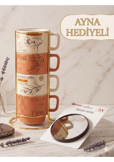 Gold Metal Standlı Dörtlü Porsleen Kupa 200 Ml Vantuzlu Makyaj Aynası Hediyeli Çok Renkli