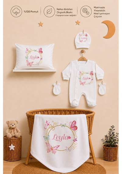 Pia Baby Kız Bebek Tulum Seti İsim Baskılı %100 Pamuk Yastık Kılıfı Ve Battaniye 1077tybyx Ekru