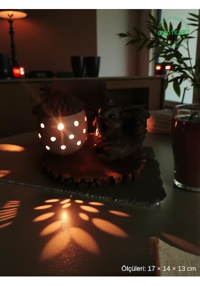 Rustik Sincap Figürlü Meşe Palamudu Mumluk Tealight Led Mum Hediyeli 17 14 13 Cm 17 14 13 Cm