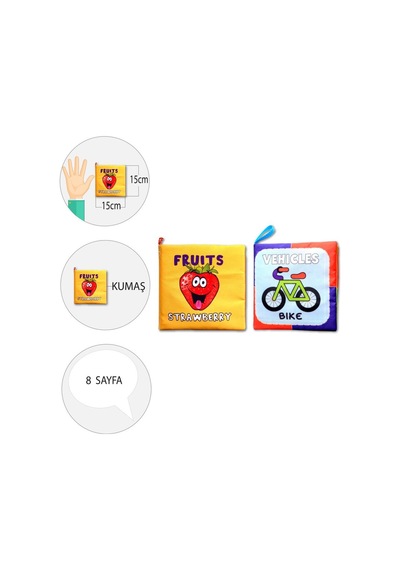 2 Kitap Tox İngilizce Meyveler Ve Taşıtlar Kumaş Sessiz Kitap E126 E132 - Bez Kitap , Eğitici Oyuncak , Hışırtılı