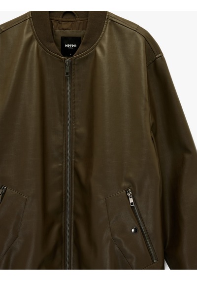 Koton Regular Fit Fermuarlı Cepli Kolej Yaka Bomber Suni Deri Ceket Haki 6sam20024hw