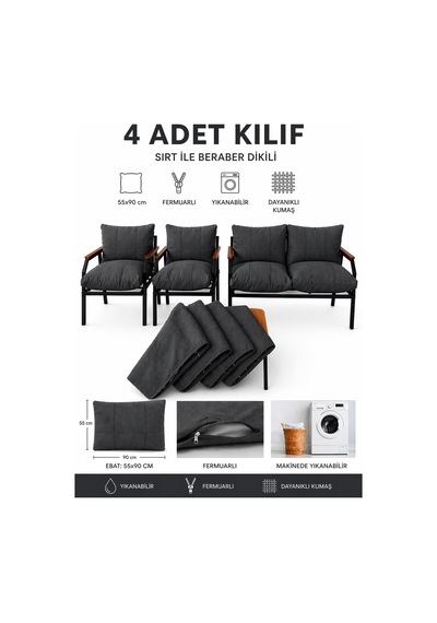 Balkon Bahçe Takımı Minder Kılıfı 4 Lü Set Antrasit 60x110 Cm Fermuarlı Yıkanabilir