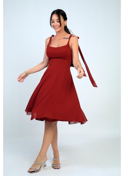 By Saygı Kadın Omuzu Bağcıklı Astarlı Kısa Elbise-41312 Bordo