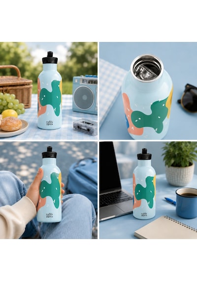Mamawata Confetti Pipetli Çocuk Termos Matara 470 Ml Paslanmaz Çelik Sızdırmaz Yalıtımlı Suluk Açık Mavi