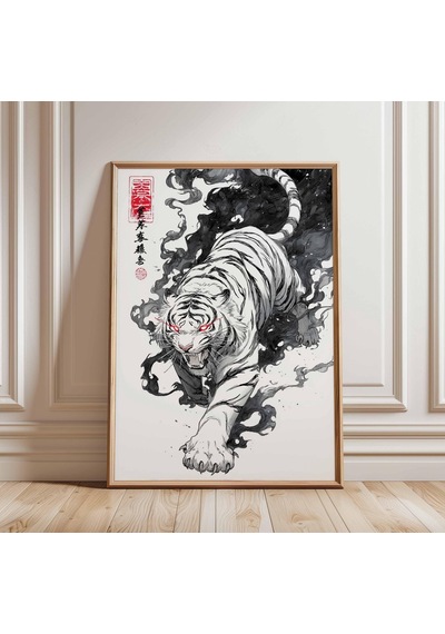 Beyaz Kaplan Japon Mürekkep Sanatı Baskısı Vahşi Hayvan Duvar Dekoru Asya Fırça Stili Poster Siyah Duman Savaşçı Kaplan Sanat Eseri