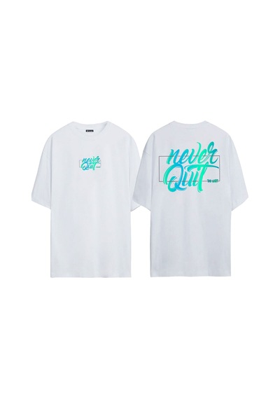 Thewert Unisex Never Quit Baskılı Beyaz Oversize T-shirt