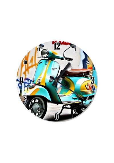Graffiti Ve Vespa Motor Baskılı Duvar Saati Ahşap