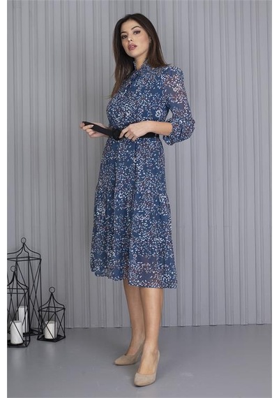 Neşeli Butik Kadın Indigo Kemerli Omuzları Gipeli Desenli Şifon Elbise Apcx04 Indigo