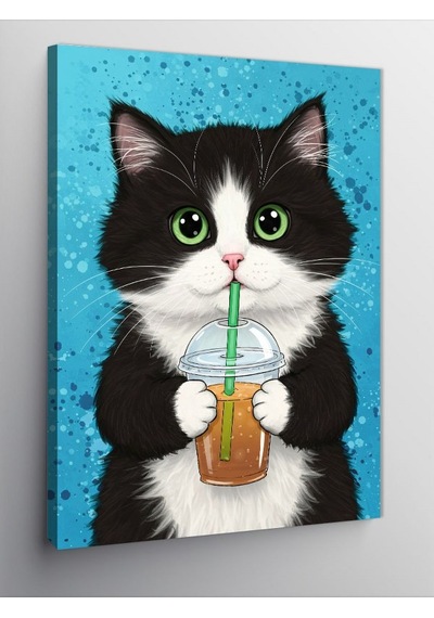 Kanvas Tablo Limonata İçen Şirin Kedi 50cmx70cm