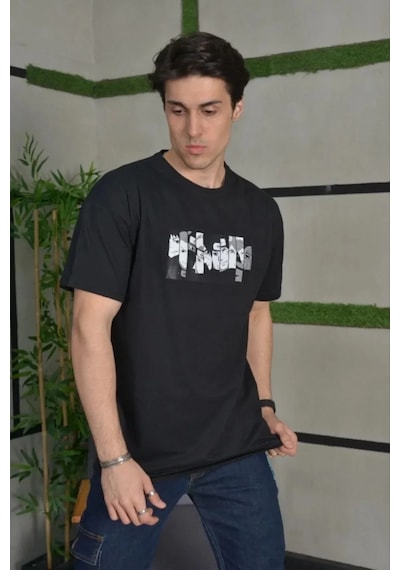 Assema Erkek Bisiklet Yaka Baskılı Kısa Kol Oversize T-shirt - Siyah Çok Renkli