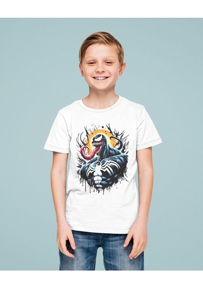 Sevbano Tasarım Venom Baskılı Unisex Film Karakteri Çocuk Tişört 1-12 Ya Beyaz