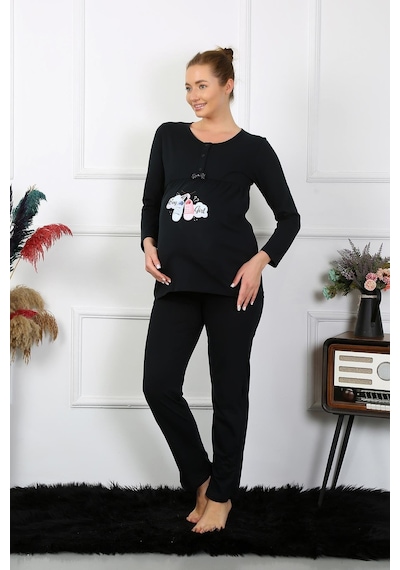 Akbeniz Kadın Uzun Kol Hamile Lohusa Pijama Takımı Siyah 45501-siyah