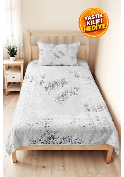 Gri Etnik Modern Tek Kişilik Pike Takımı - Beyaz Şal Motifli 160x220 Cm Kapitone Yazlık Yatak Örtüsü Beyaz