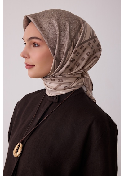 Belli Geometrik Desen %100 Twill İpek Eşarp Be23 Bej-vizon