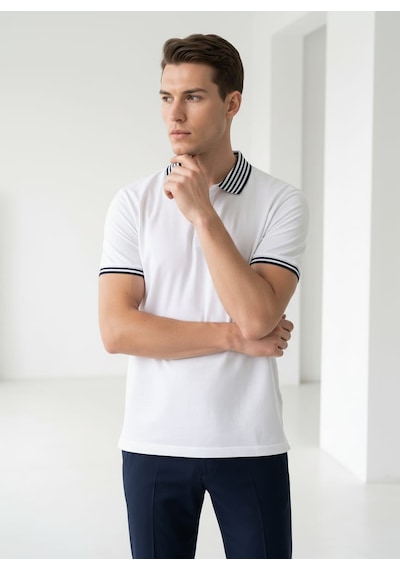 Giyim Dünyası Erkek Yaka Çizgili Polo Yaka Kısa Kol Tshirt Beyaz