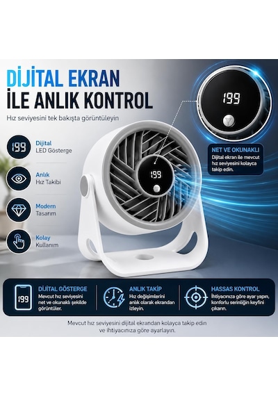 Masaüstü Usb Fan, 200 Kademeli Dijital Hız Ayarlı Mini Vantilatör, Type-c Şarjlı, Led Ekranlı, Sessiz Çalışma